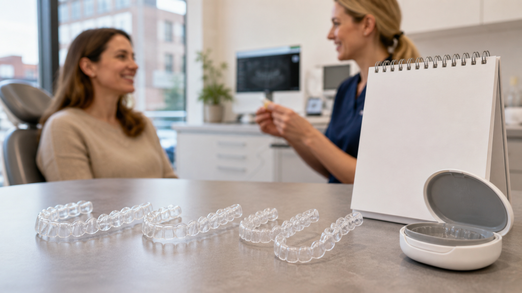 Reeks transparante aligners naast een kalender in een tandartspraktijk